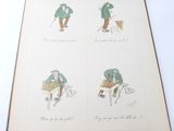 four pictures of a man with a cane and a dog
