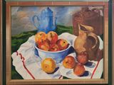 a painting of a bowl of peaches and a pitcher on a table