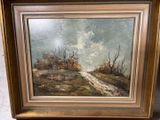 an oil painting of a dirt road with trees in the background
