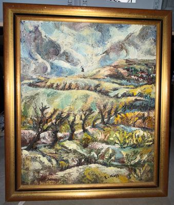 une peinture à l'huile d'un paysage avec des montagnes en arrière-plan