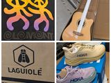 several pictures of various items including a guitar, a box of shoes and a pair of shoes