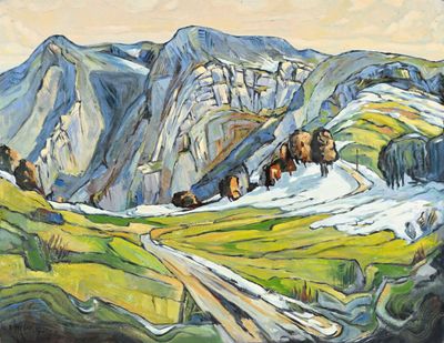 tableau représentant une montagne traversée par une route