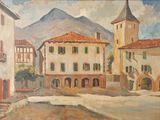 une peinture représentant une scène de rue avec des bâtiments et une montagne en arrière-plan