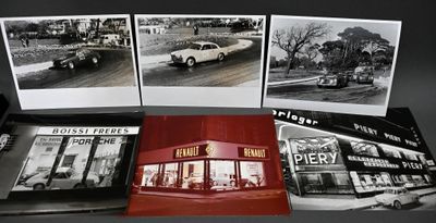 trois photographies en noir et blanc d'une voiture devant un magasin