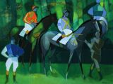 painting of jockeys and horses in a green field with trees