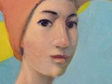 painting of a woman with a red hat and a yellow and blue background