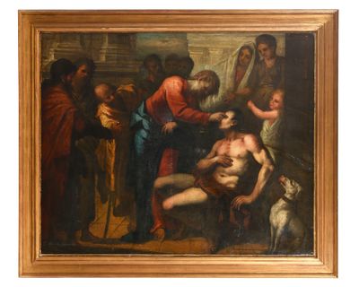 an oil painting of a man being taken from a man ' s chest
