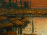 a painting of a sunset over a body of water