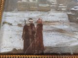 a painting of two people standing in the snow