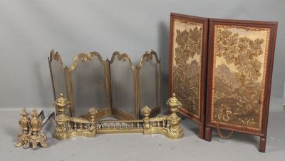 three pieces of furniture including a fireplace screen, mirror, and figurine