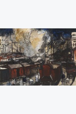a painting of a train on the tracks in the city