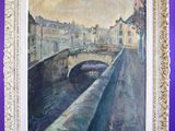 an oil painting of a bridge over a river with buildings in the background