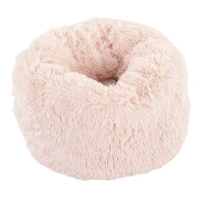 a pink donut dog bed on a white background