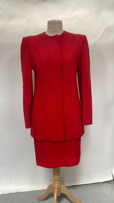 an image of a red dress and jacket on a mannequin