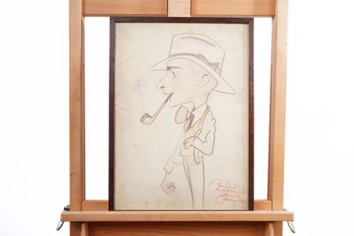 drawing of a man smoking a pipe on a easel