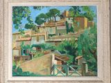une peinture à l'huile représentant un village avec une clôture et des arbres au premier plan