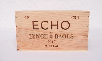 wooden wine box with a label for echo and lunch bags on it