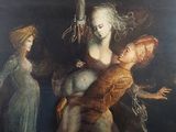 an image of a painting of a woman being carried by two women