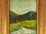 une peinture à l'huile représentant une rivière coulant dans un champ verdoyant