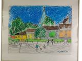 drawing of a street scene with a church steeple in the background