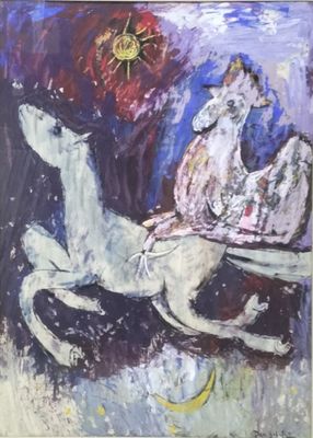 painting of a man riding a horse with a woman on a carriage