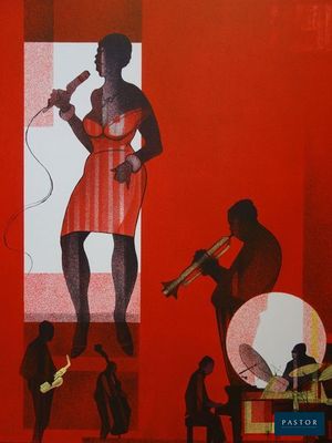 une image représentant un tableau où l'on voit une femme en train de chanter dans un micro