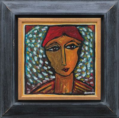 painting of a woman with a red head scarf and a red turban