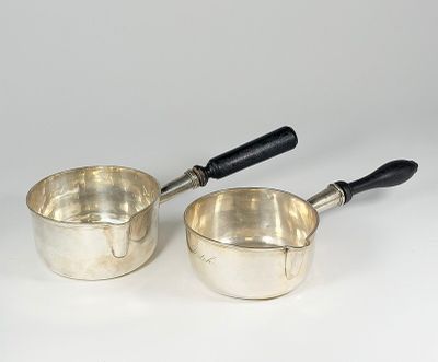 a pair of silver saucepans with black handles on a white background