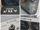 four different pictures of a box with a remote and a tv in it