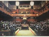 une image représentant un tableau où l'on voit un grand groupe de personnes assises dans une pièce