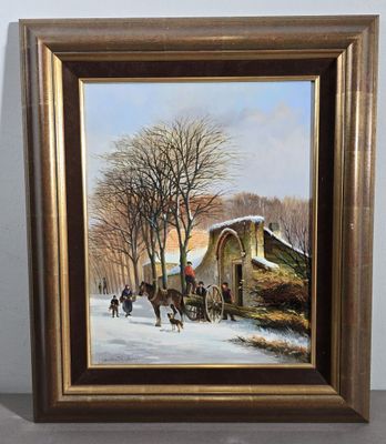 tableau représentant une scène hivernale avec une calèche tirée par un cheval et des personnes sur la route