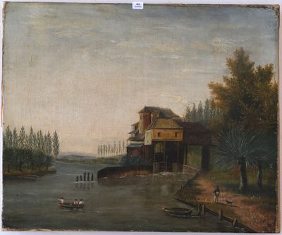 une peinture à l'huile représentant une scène fluviale avec des bateaux sur l'eau et un bâtiment en arrière-plan