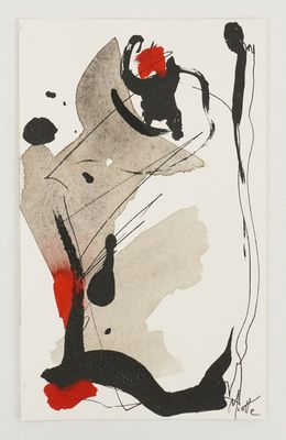 an image of a black and white painting with red paint on it
