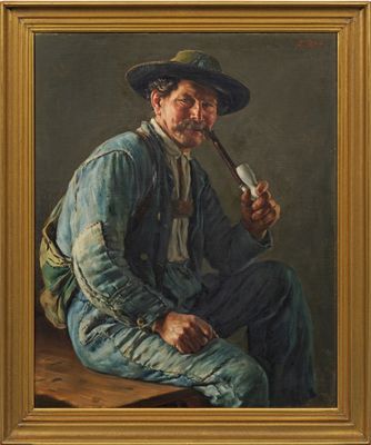 an oil painting of a man smoking a pipe and wearing a hat