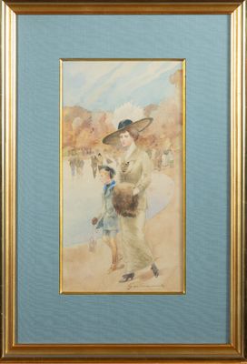 tableau représentant une femme coiffée d'un chapeau et accompagnée d'un chien, dans un cadre bleu