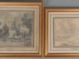 deux tableaux encadrés représentant des arbres et une rivière dans un cadre doré
