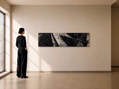 une femme debout devant une fenêtre, en train de regarder un tableau