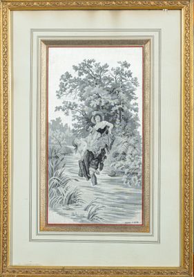 painting of a man and a dog in a wooded setting