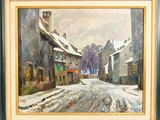 an oil painting of a snowy street scene with a horse drawn carriage