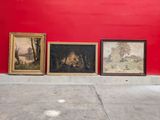 three paintings on the wall next to a red wall