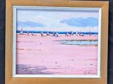 a painting of people walking on the beach with umbrellas