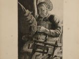 dessin représentant un vieil homme assis à une table, une pipe à la bouche