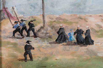 un tableau représentant un groupe de personnes marchant dans un champ