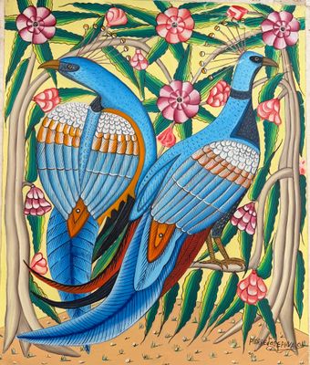 tableau représentant deux oiseaux bleus perchés sur une branche d'arbre ornée de fleurs roses
