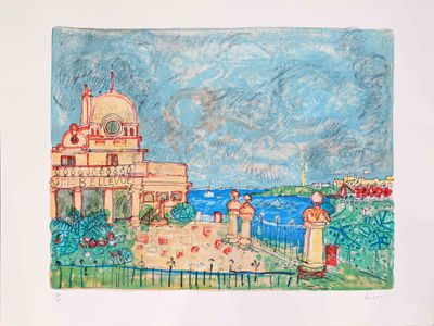une photo d'un dessin représentant un bâtiment au bord de l'eau