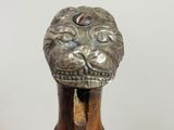 someone is holding a wooden stick with a lion head on it