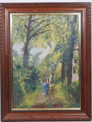 une peinture à l'huile représentant deux enfants marchant sur un sentier dans les bois