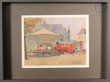 painting of a train on a track with a building in the background