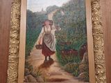 painting of a woman walking down a path with a basket in her hand