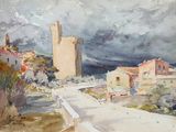 a watercolor painting of a street with a castle in the background
